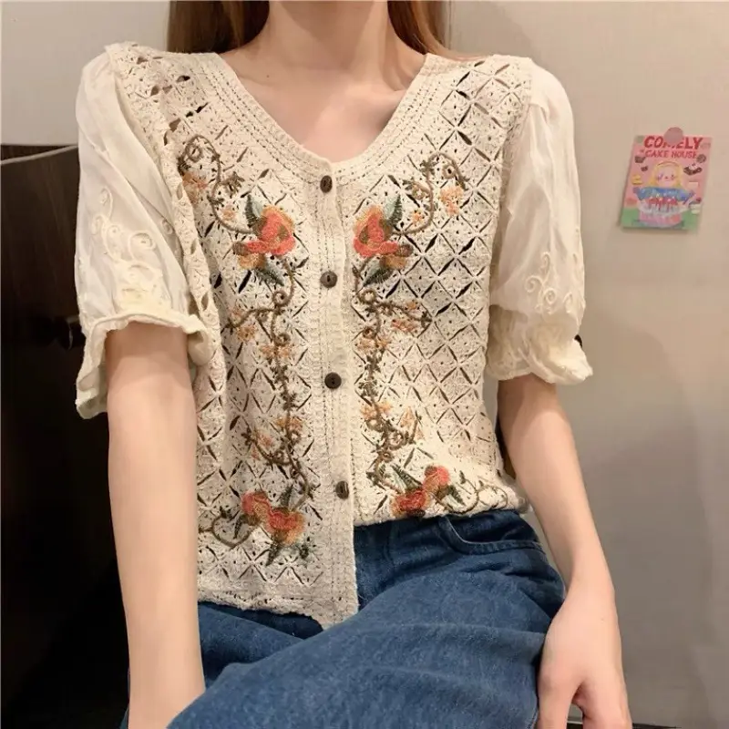 New V-Neck Lace Chiffon Short Sleeve Cardigan Set - Image 10