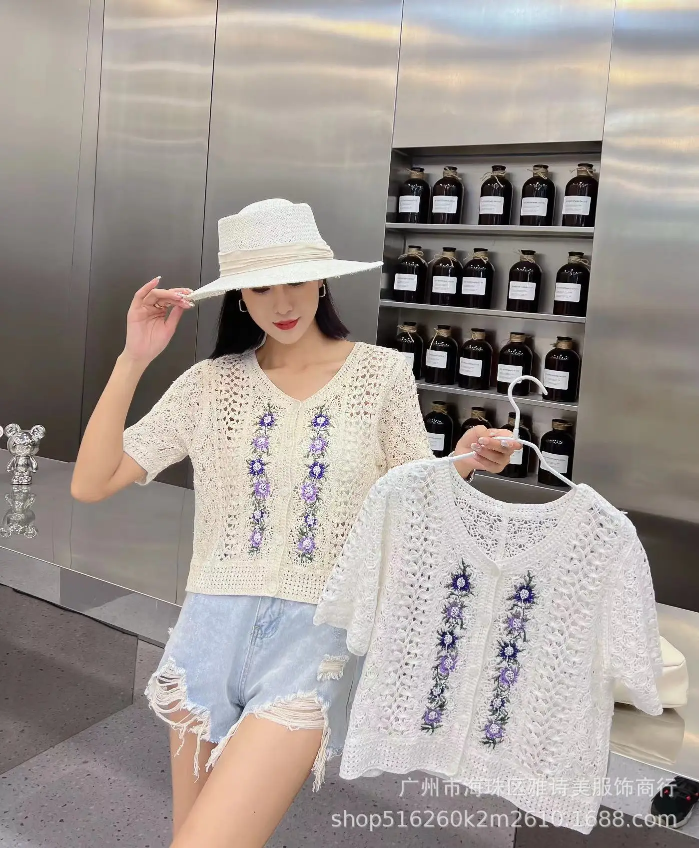 New V-Neck Lace Chiffon Short Sleeve Cardigan Set - Image 11