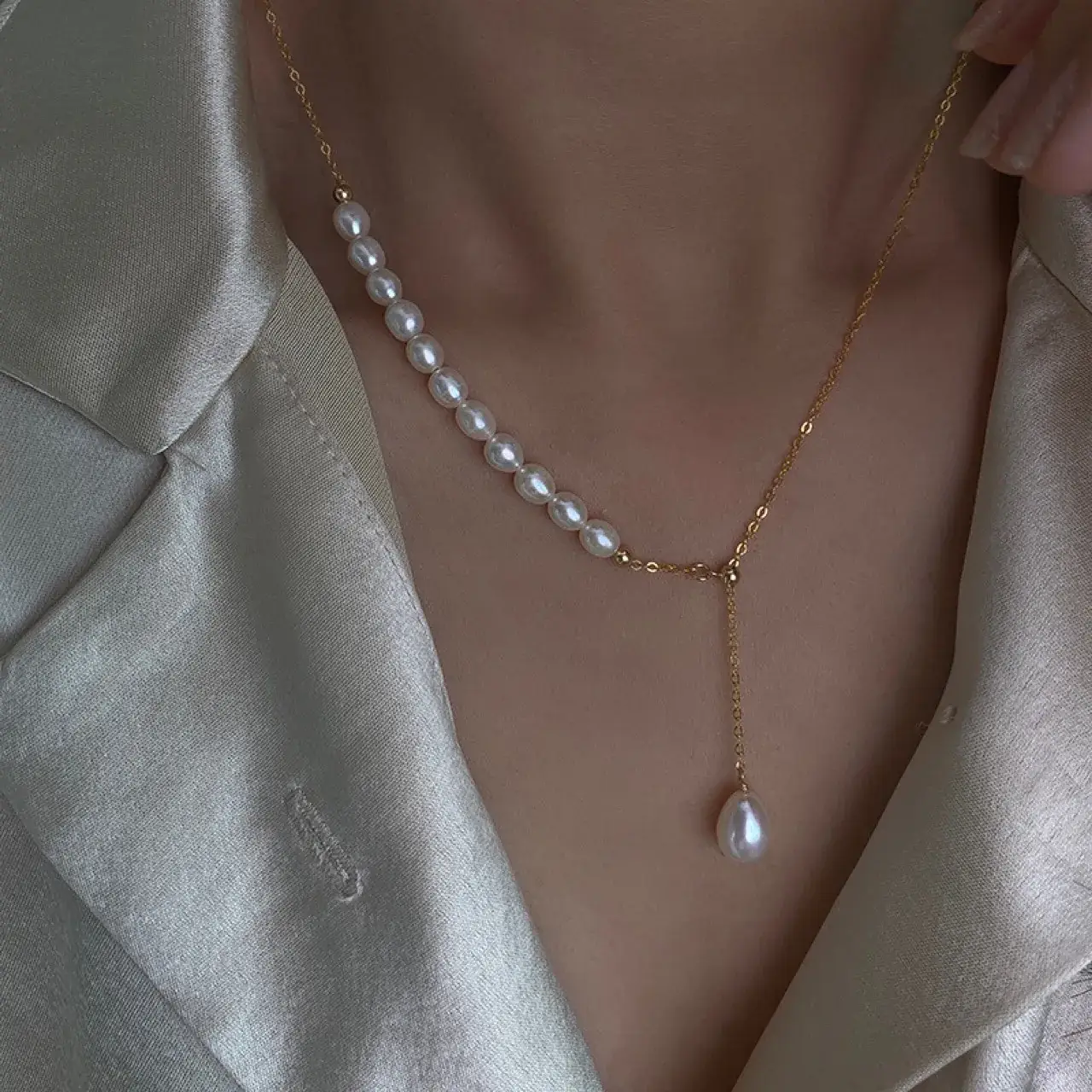 Natural Pearl Necklace for Girls, Adjustable Gold Chain, Light Luxury Gift - Image 4