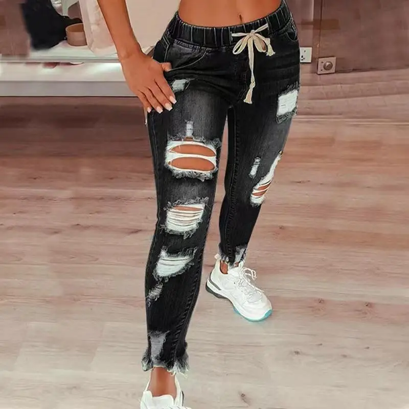 Women Hole Elastic Waist Drawstring Jeans