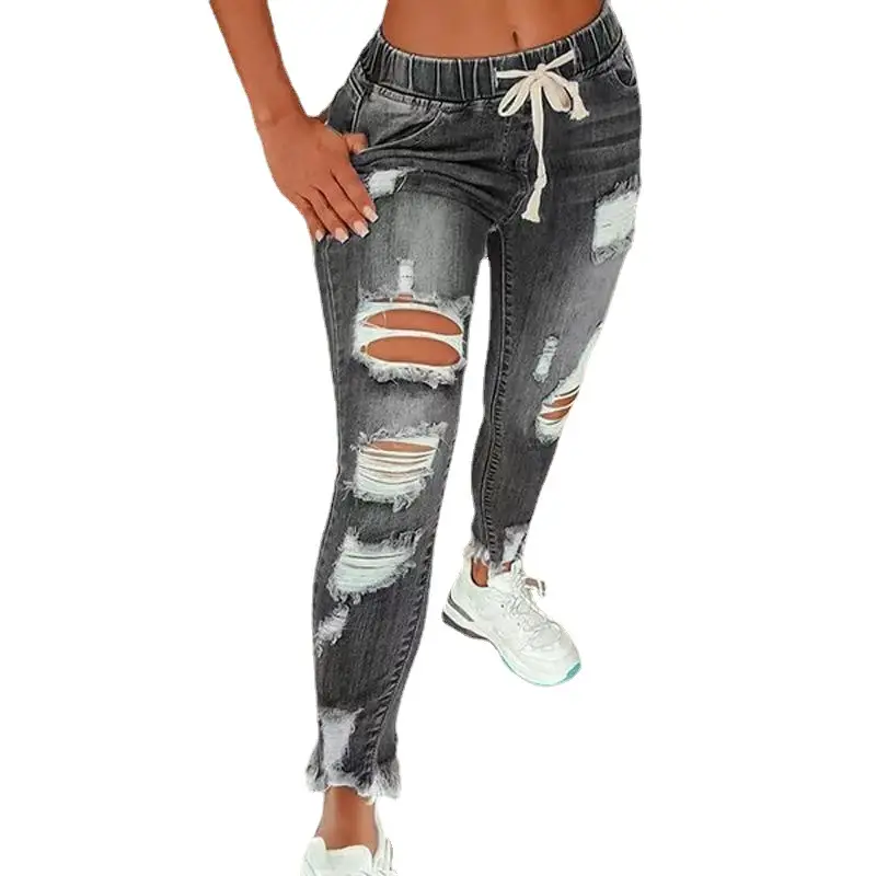 Women Hole Elastic Waist Drawstring Jeans