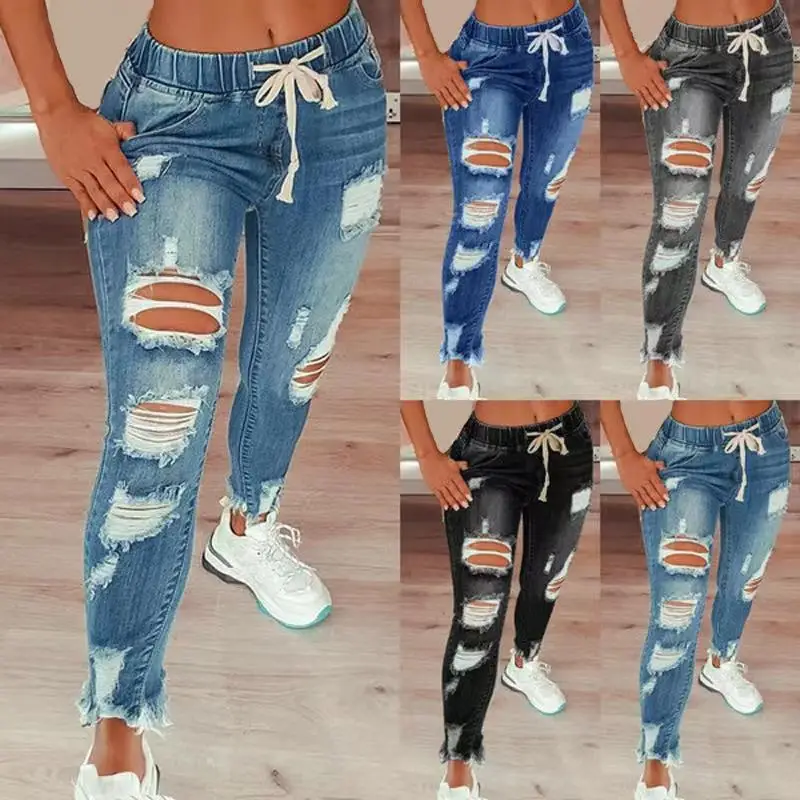 Women Hole Elastic Waist Drawstring Jeans — feature 2