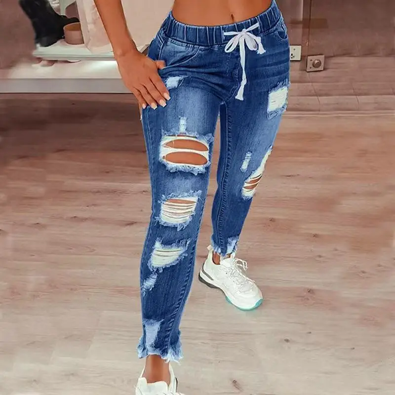 Women Hole Elastic Waist Drawstring Jeans — feature 4