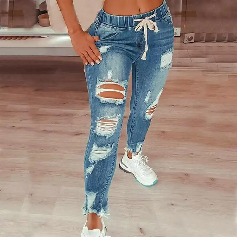 Women Hole Elastic Waist Drawstring Jeans — feature 5