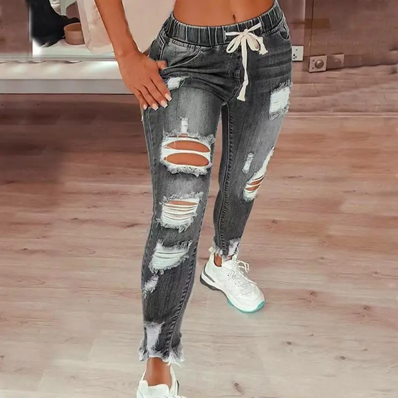 Women Hole Elastic Waist Drawstring Jeans — feature 6