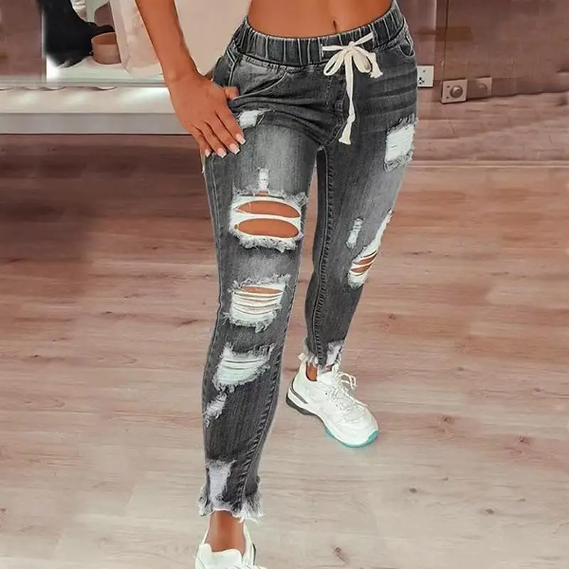 Women Hole Elastic Waist Drawstring Jeans
