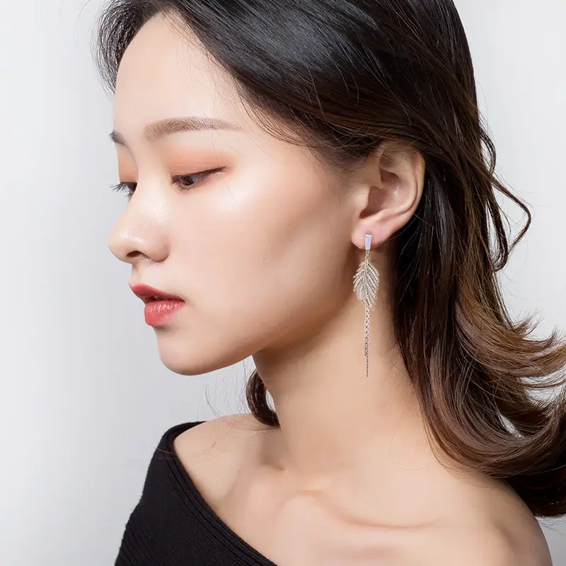 Silver Leaf Ear Stud Earrings for Women