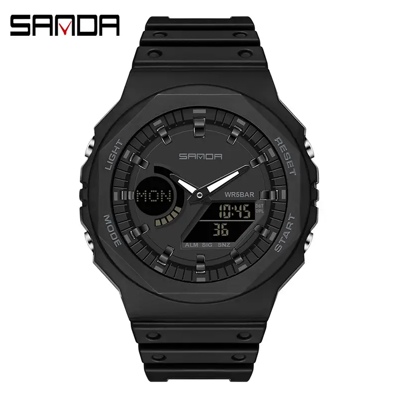 Sanda Black Octagonal Dual-Display Waterproof Watch - Image 22