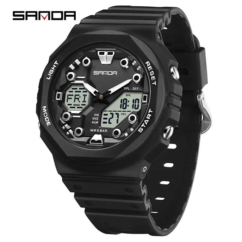 Sanda Black Octagonal Dual-Display Waterproof Watch - Image 10