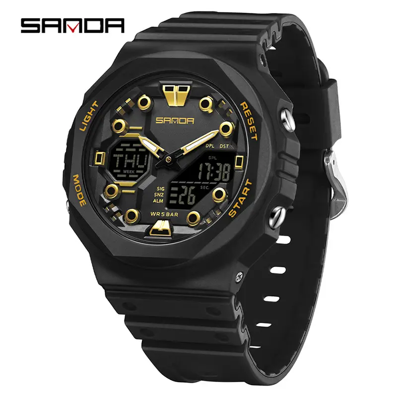 Sanda Black Octagonal Dual-Display Waterproof Watch - Image 11