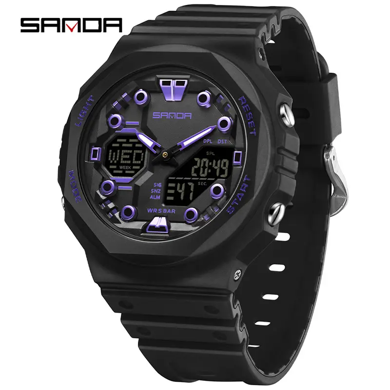 Sanda Black Octagonal Dual-Display Waterproof Watch - Image 12