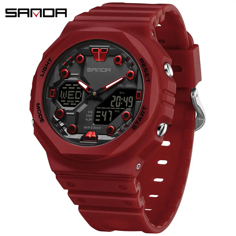 Sanda Black Octagonal Dual-Display Waterproof Watch - Image 14