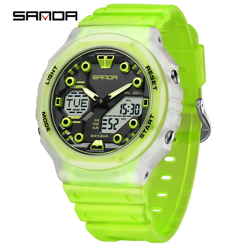 Sanda Black Octagonal Dual-Display Waterproof Watch - Image 17