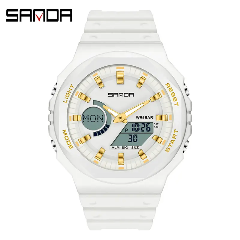 Sanda Black Octagonal Dual-Display Waterproof Watch - Image 2