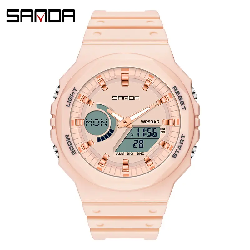 Sanda Black Octagonal Dual-Display Waterproof Watch - Image 4