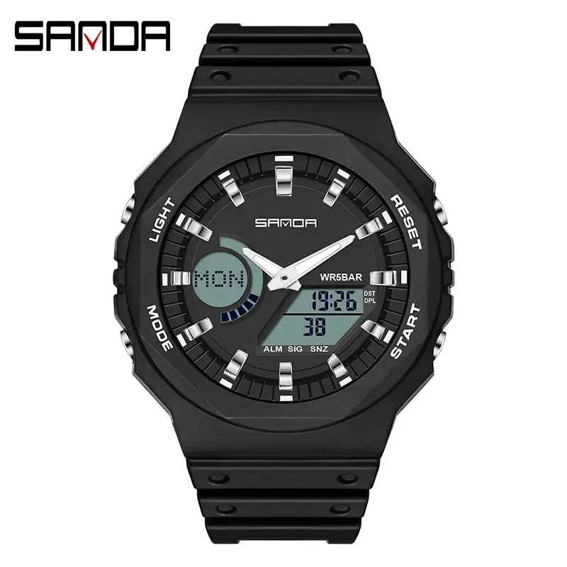 Sanda Black Octagonal Dual-Display Waterproof Watch - Image 6