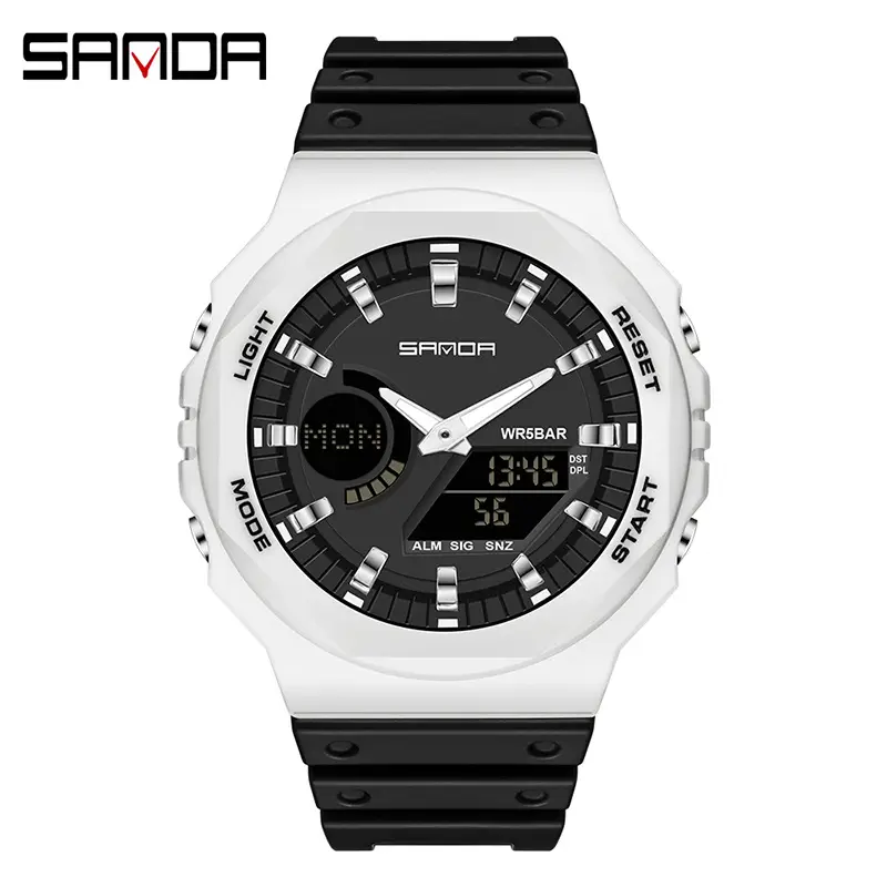 Sanda Black Octagonal Dual-Display Waterproof Watch - Image 8