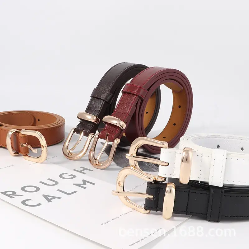 Women's Fashionable Leather Belt Black Brown Red Gold Buckle - Image 7