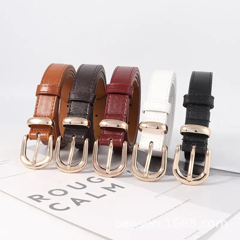 Women's Fashionable Leather Belt Black Brown Red Gold Buckle - Image 8