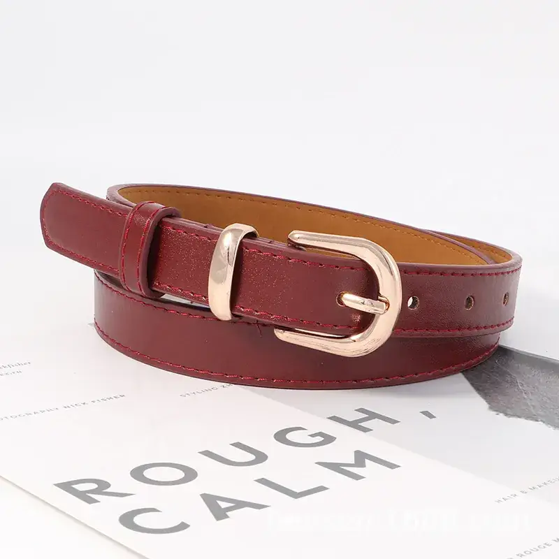 Women's Fashionable Leather Belt Black Brown Red Gold Buckle - Image 5