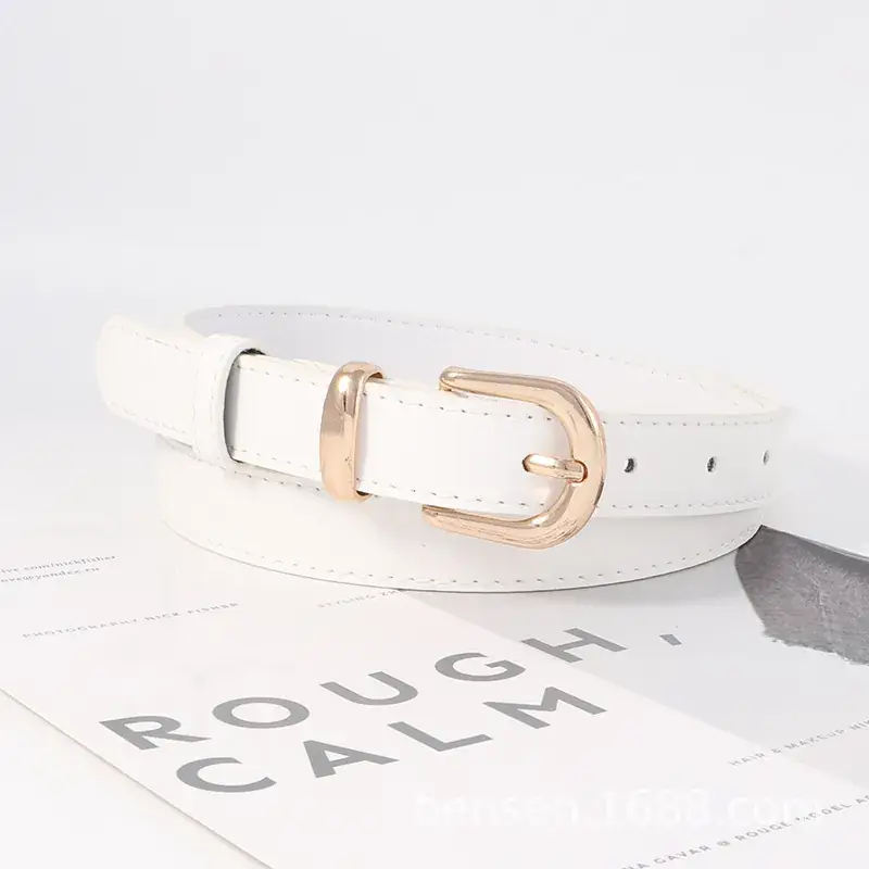 Women's Fashionable Leather Belt Black Brown Red Gold Buckle - Image 2