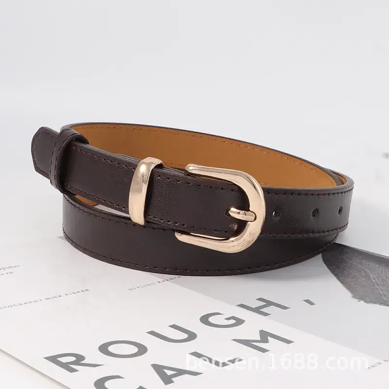Women's Fashionable Leather Belt Black Brown Red Gold Buckle - Image 3