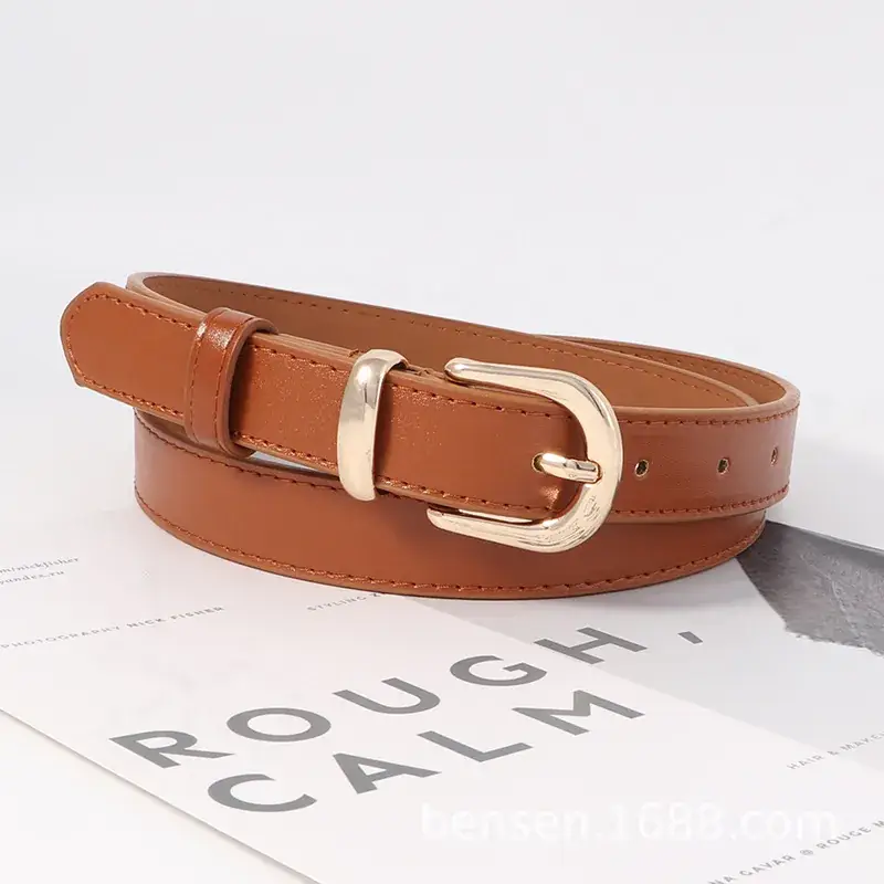 Women's Fashionable Leather Belt Black Brown Red Gold Buckle - Image 4