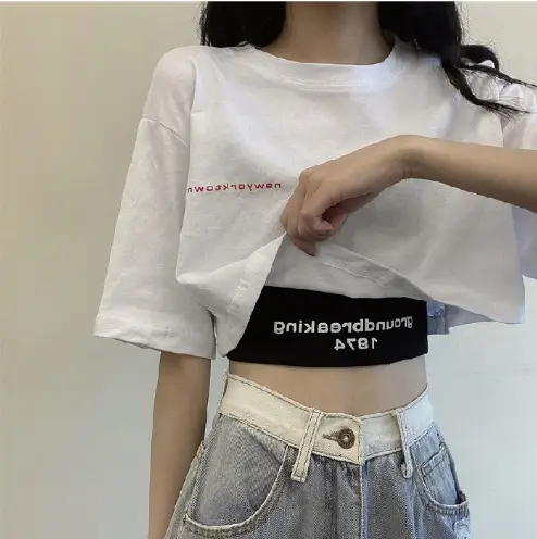Navel Cropped Top Summer Spice Girl Loose High Waist T-Shirt - Image 3