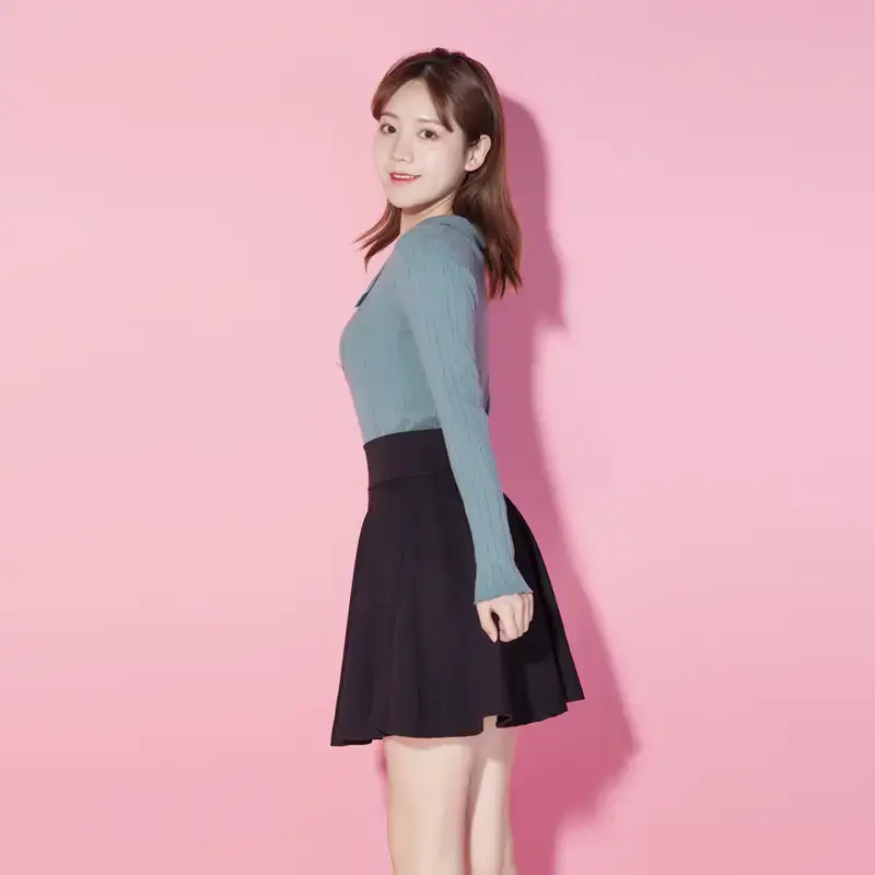 Women Blue Button Top Black Skirt Set Medium - Image 10