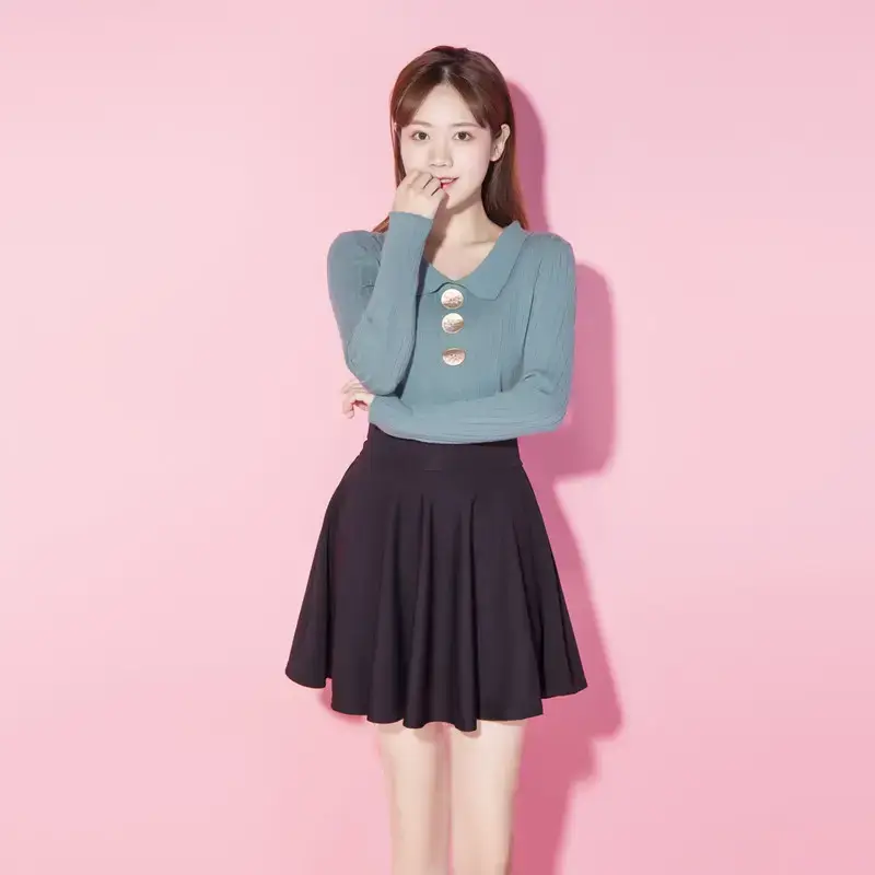 Women Blue Button Top Black Skirt Set Medium - Image 11
