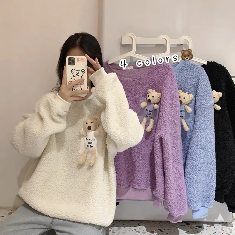 Women Wool Fleece Lined Sweater with Doll Bear Print - Image 5