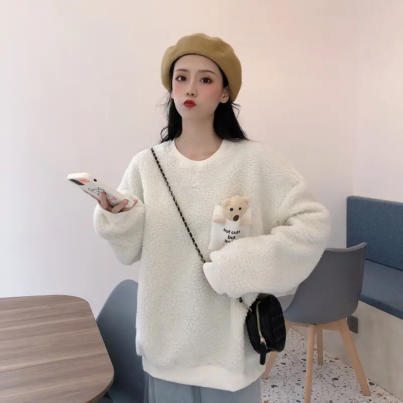 Women Wool Fleece Lined Sweater with Doll Bear Print — feature 10