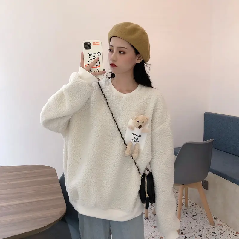 Women Wool Fleece Lined Sweater with Doll Bear Print — feature 11