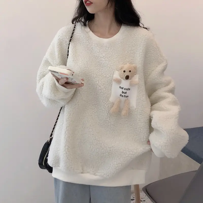 Women Wool Fleece Lined Sweater with Doll Bear Print — feature 12
