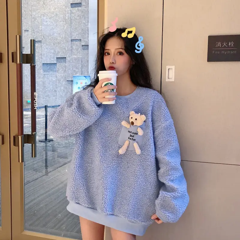 Women Wool Fleece Lined Sweater with Doll Bear Print — feature 13