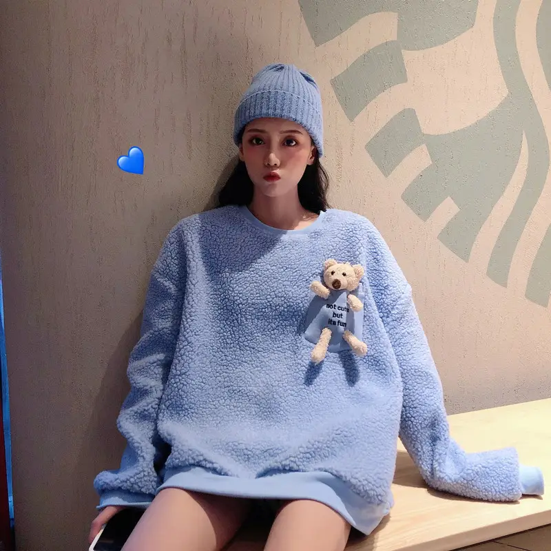Women Wool Fleece Lined Sweater with Doll Bear Print — feature 15