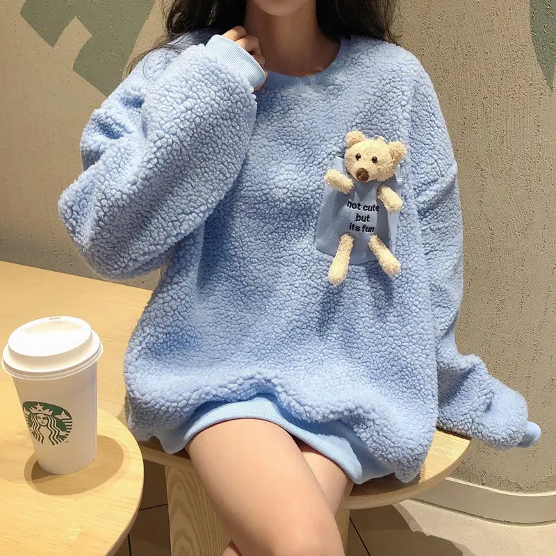 Women Wool Fleece Lined Sweater with Doll Bear Print — feature 17