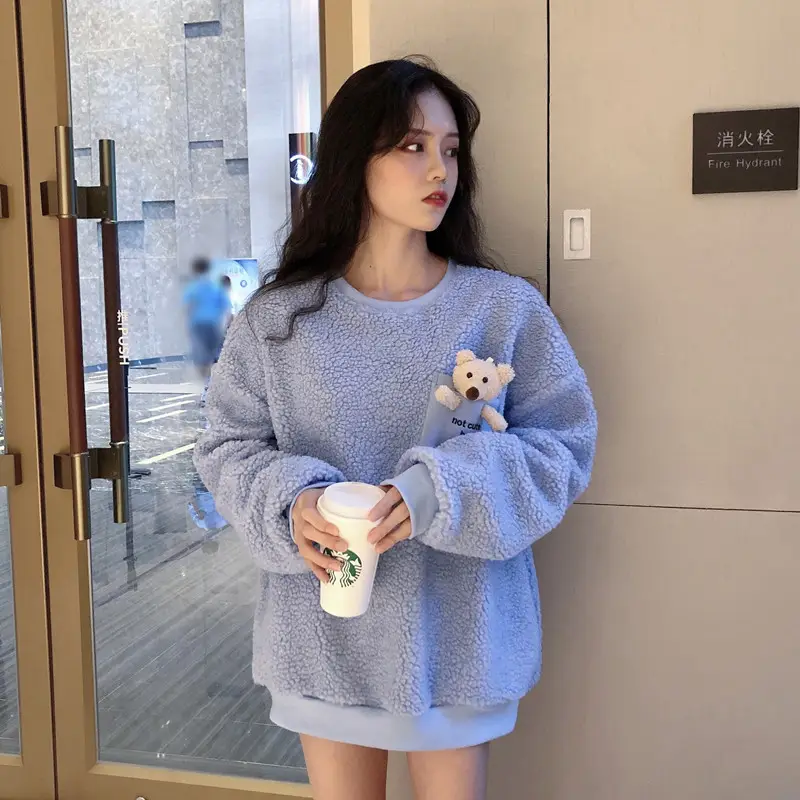 Women Wool Fleece Lined Sweater with Doll Bear Print — feature 18