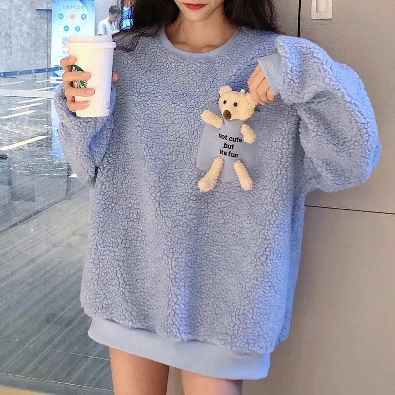 Women Wool Fleece Lined Sweater with Doll Bear Print — feature 19