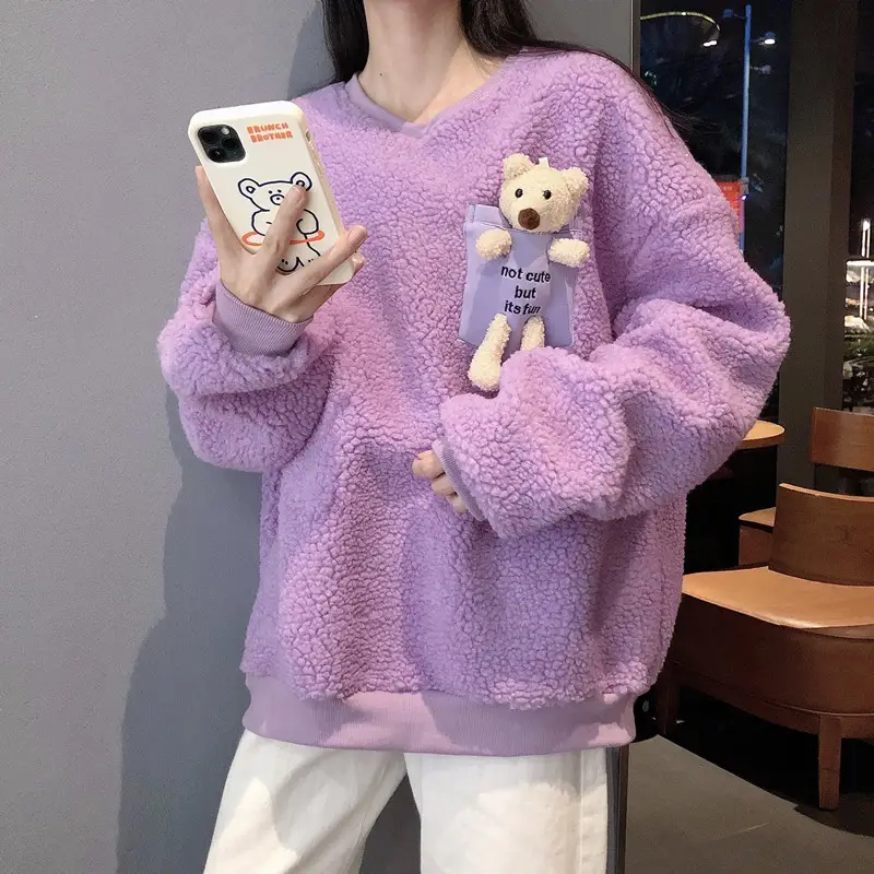 Women Wool Fleece Lined Sweater with Doll Bear Print — feature 23