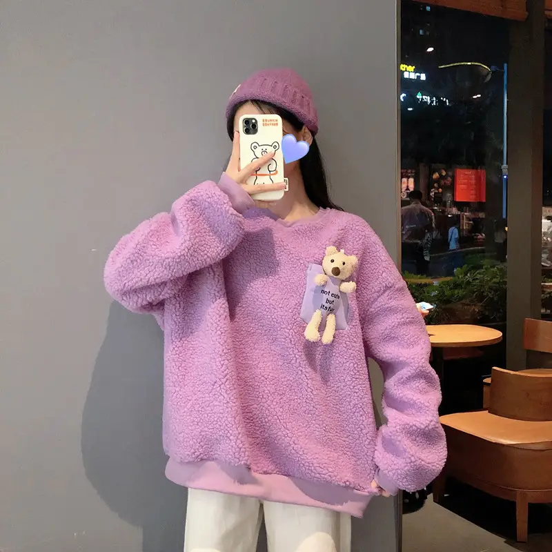 Women Wool Fleece Lined Sweater with Doll Bear Print — feature 24