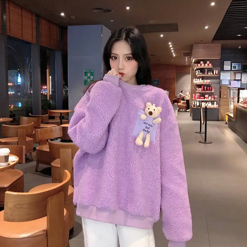 Women Wool Fleece Lined Sweater with Doll Bear Print — feature 25