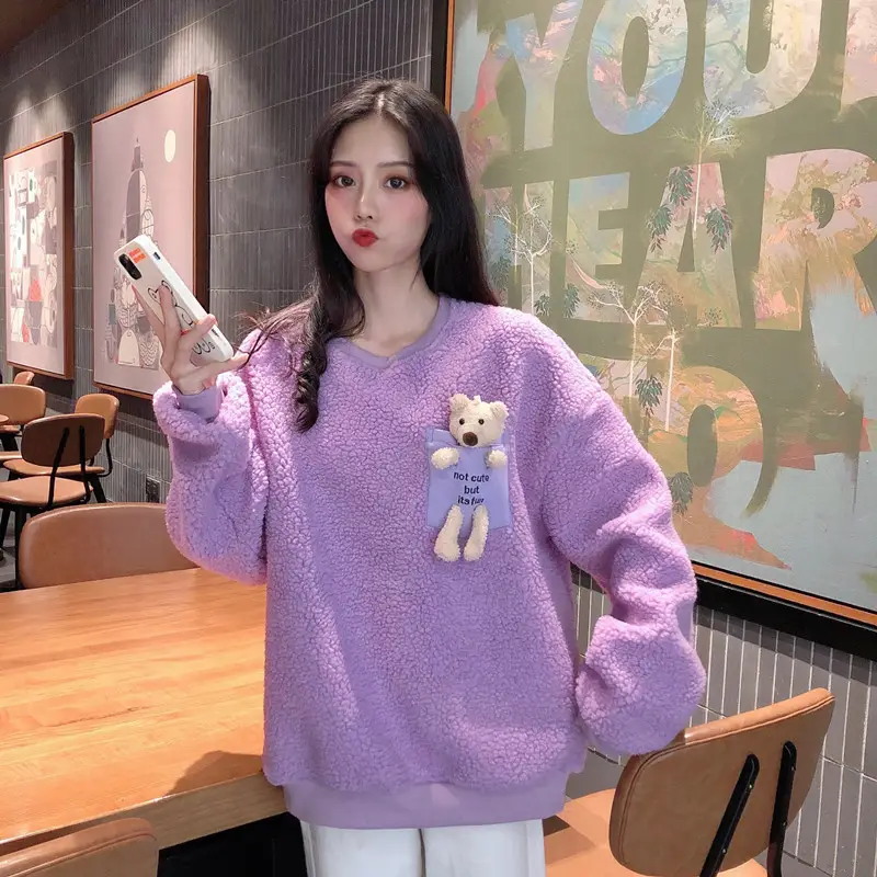 Women Wool Fleece Lined Sweater with Doll Bear Print — feature 26