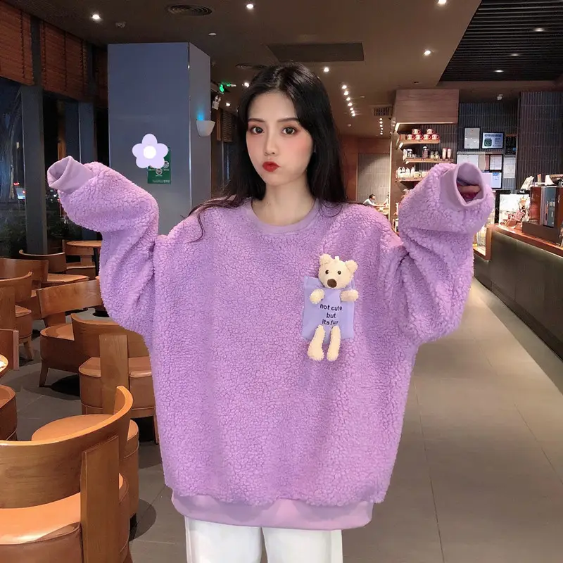 Women Wool Fleece Lined Sweater with Doll Bear Print — feature 27