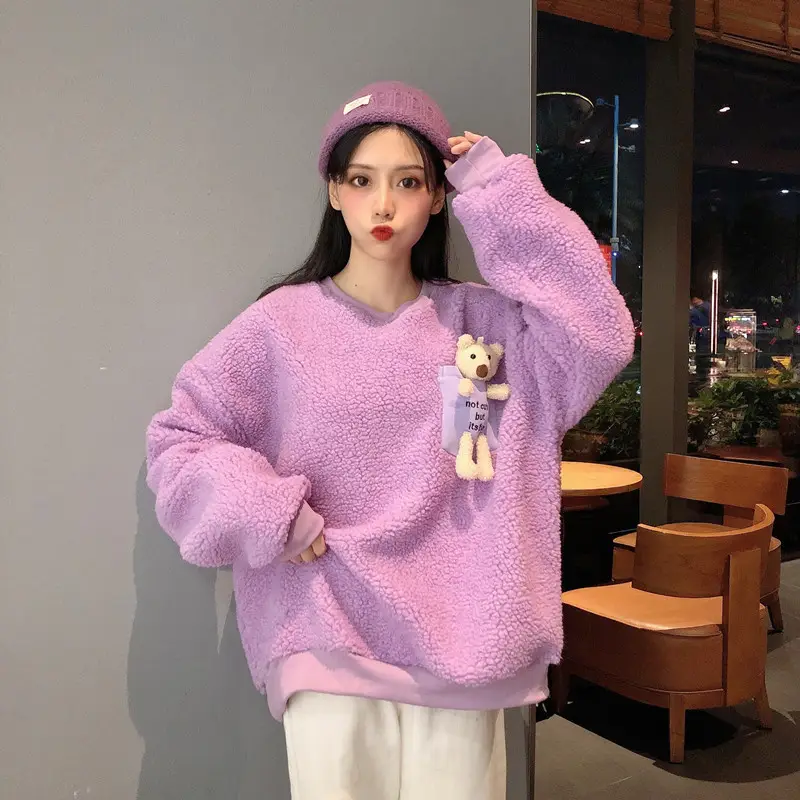 Women Wool Fleece Lined Sweater with Doll Bear Print — feature 28
