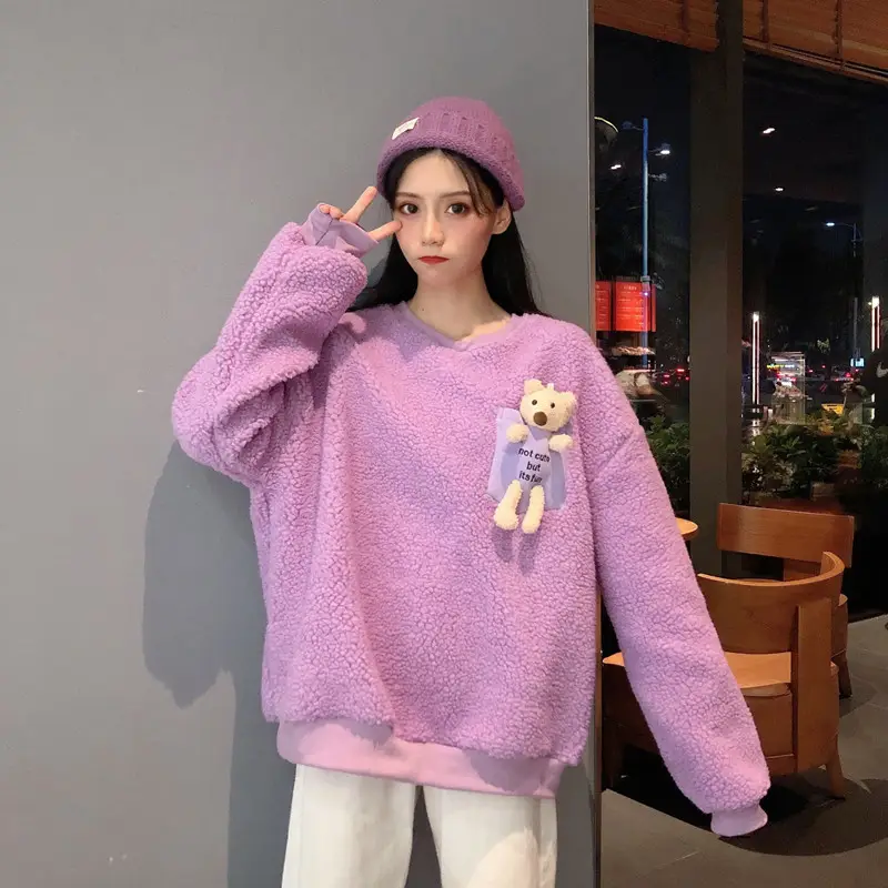 Women Wool Fleece Lined Sweater with Doll Bear Print — feature 29
