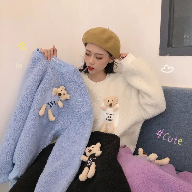 Women Wool Fleece Lined Sweater with Doll Bear Print — feature 3