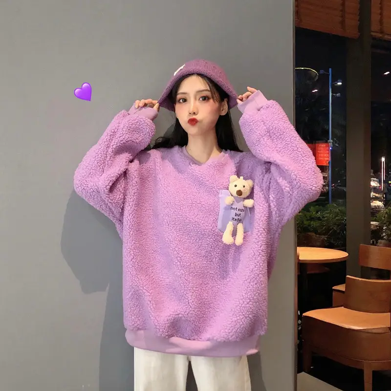 Women Wool Fleece Lined Sweater with Doll Bear Print — feature 30