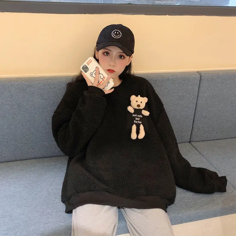 Women Wool Fleece Lined Sweater with Doll Bear Print — feature 31