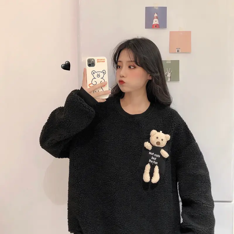 Women Wool Fleece Lined Sweater with Doll Bear Print — feature 33